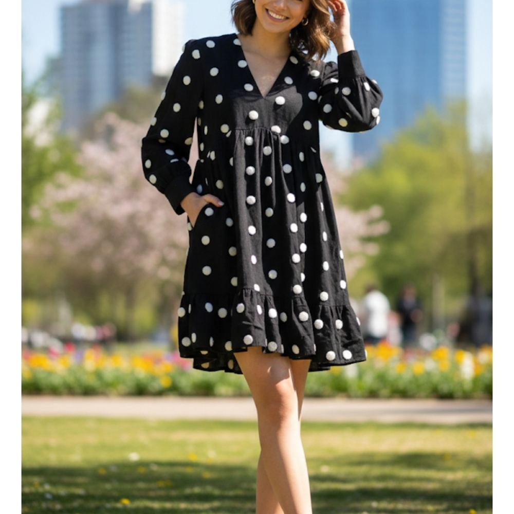 Zara Black and White Polka Dot Long Sleeve Dress